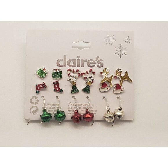 Claires 9 Pairs Christmas Pierced Post Back Stud and Dangle Bell Earrings - Picture 1 of 1